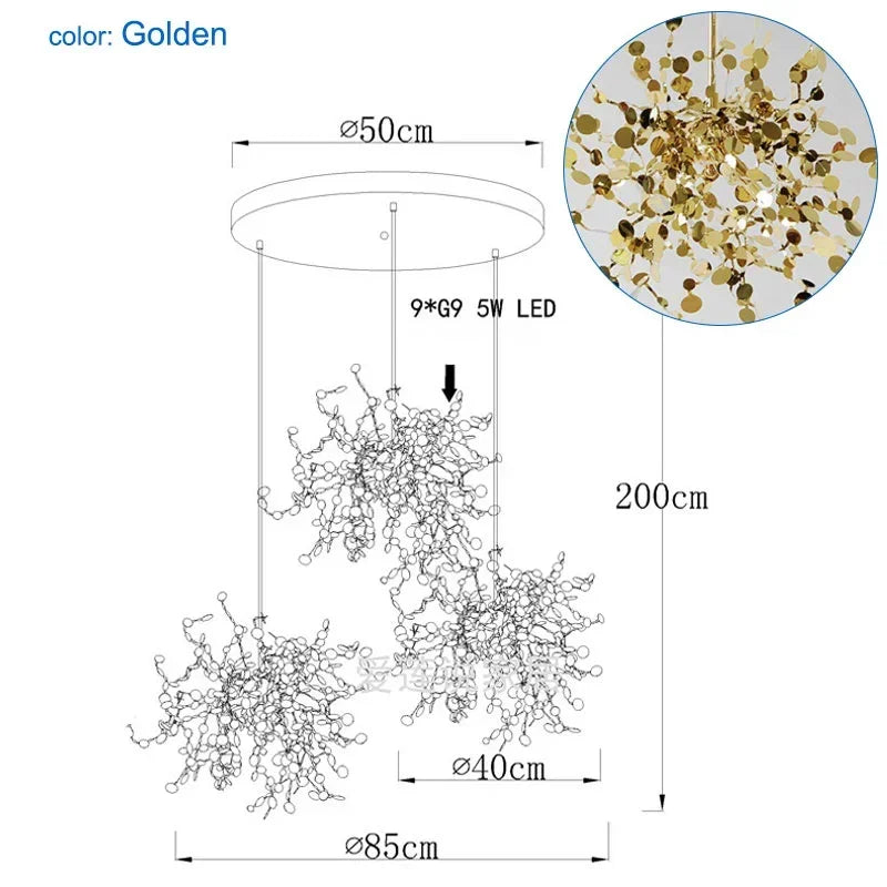 Lustre Folhas de Ouro Trio